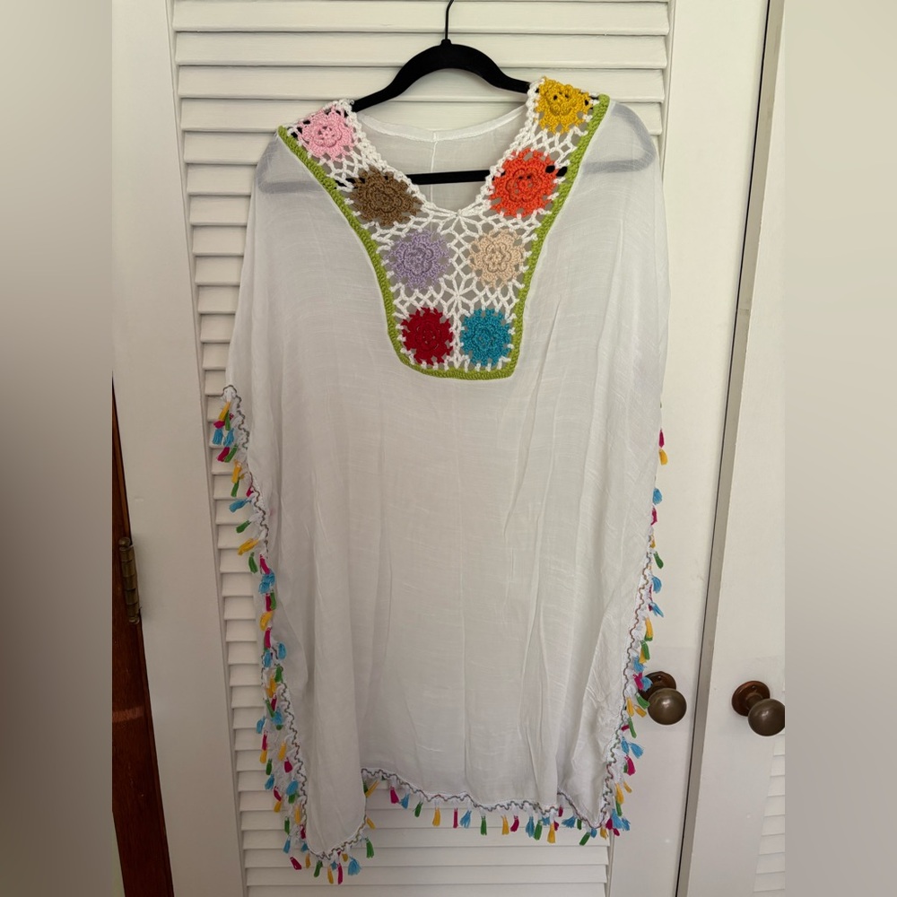 Rainbow Crochet Boho White Beach Cover Up